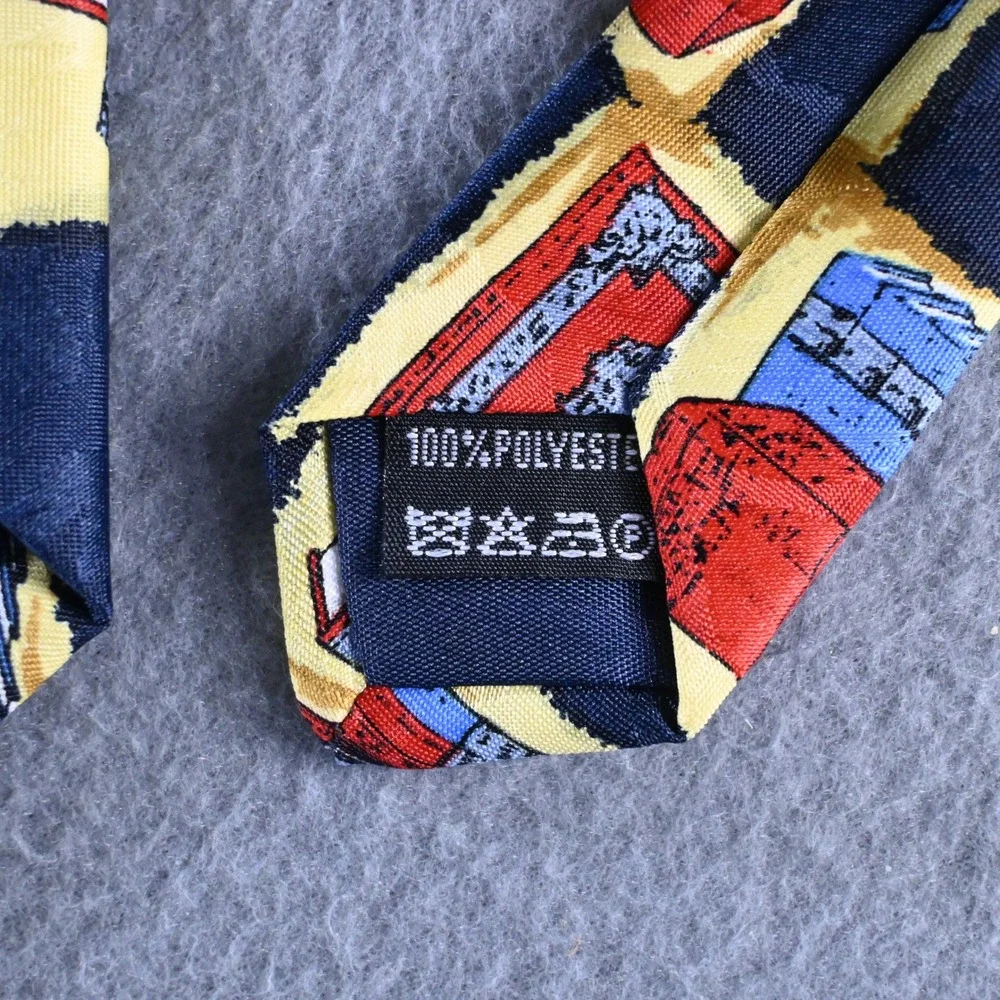 Leonardo Mens Bookshelf Print Library Necktie OS Navy Blue Yellow Red
